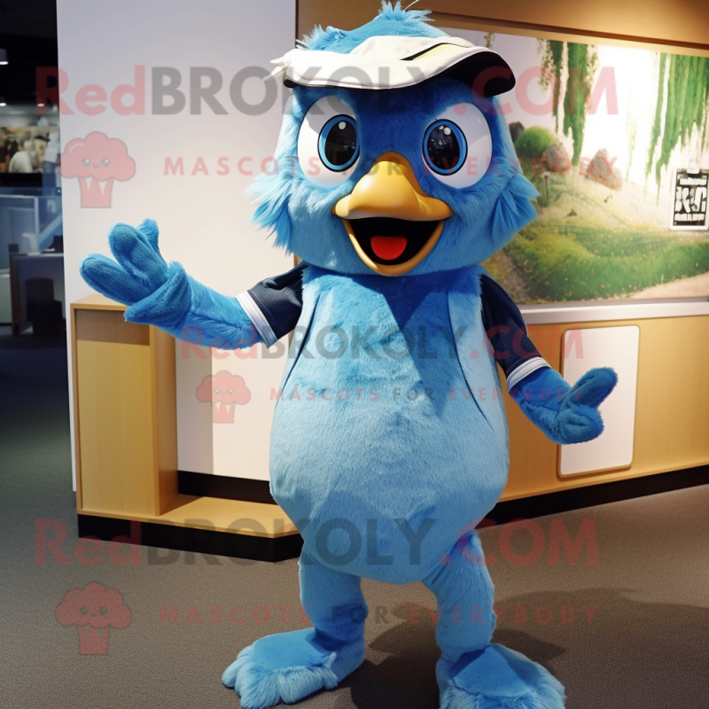 Cyan Blue Jay mascot costume character dressed with a Dungarees and Hair clips