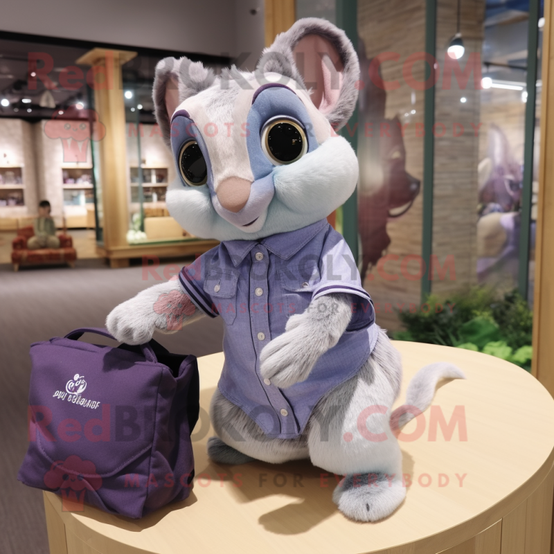 Lavender Flying Squirrel mascot costume character dressed with a Chambray Shirt and Clutch bags