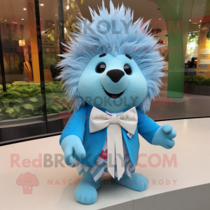 Sky Blue Porcupine mascot costume character dressed with a Rash Guard and Bow ties