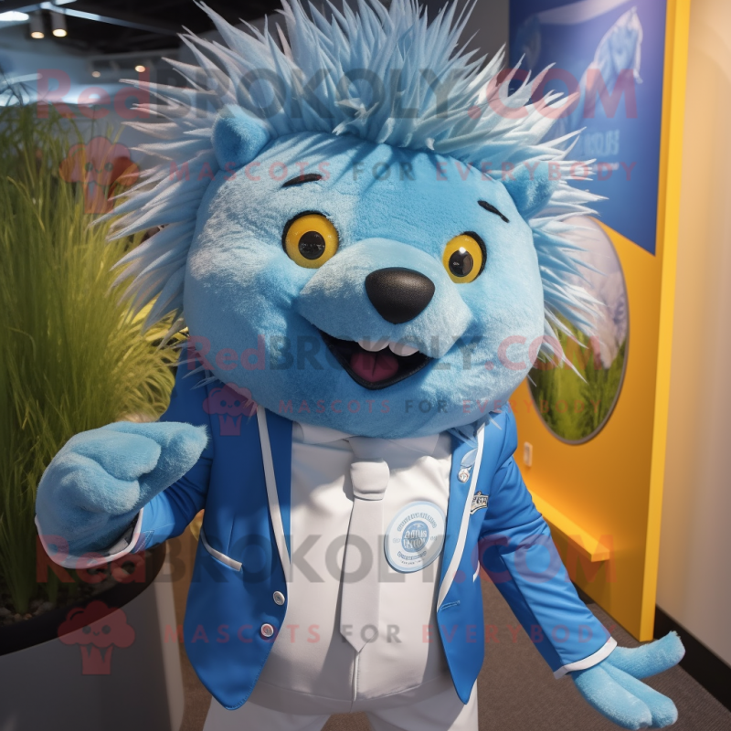Sky Blue Porcupine mascot costume character dressed with a Rash Guard and Bow ties