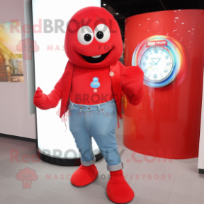 Red Wrist Watch mascot costume character dressed with a Flare Jeans and Scarves