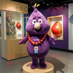 Purple Mango mascot costume character dressed with a Henley Shirt and Necklaces