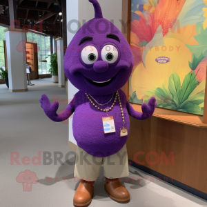 Purple Mango mascot costume character dressed with a Henley Shirt and Necklaces