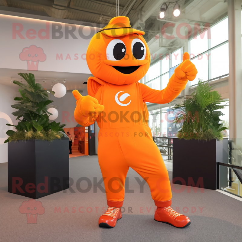 Orange Momentum mascot costume character dressed with a Suit Pants and Gloves