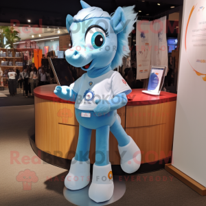 Sky Blue Mare mascot costume character dressed with a Polo Shirt and Keychains