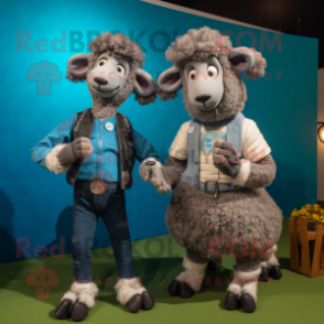 Gray Suffolk Sheep mascot costume character dressed with a Boyfriend Jeans and Smartwatches