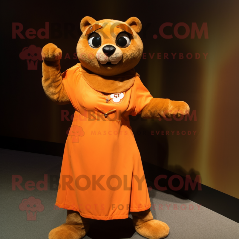 Orange Jaguarundi mascot costume character dressed with a Empire Waist Dress and Shoe laces
