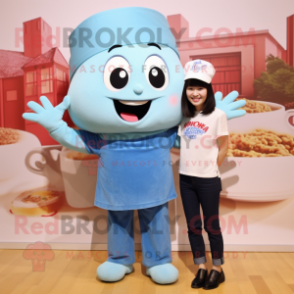 Sky Blue Ramen mascot costume character dressed with a Mom Jeans and Suspenders