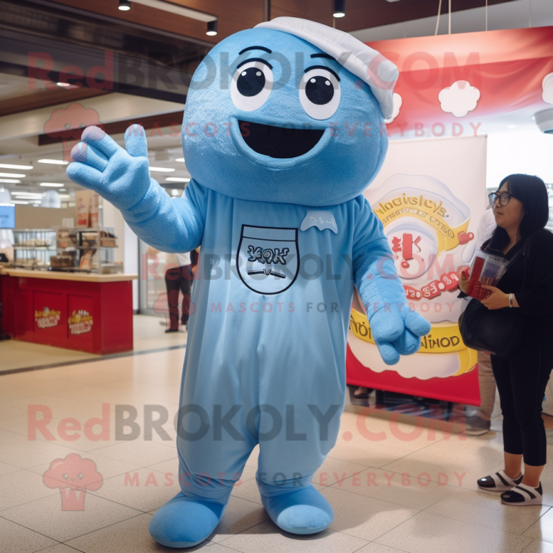 Sky Blue Ramen mascot costume character dressed with a Mom Jeans and Suspenders