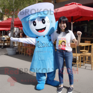 Sky Blue Ramen mascot costume character dressed with a Mom Jeans and Suspenders