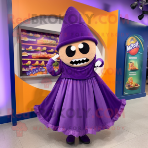 Purple Tacos mascot costume character dressed with a Ball Gown and Beanies