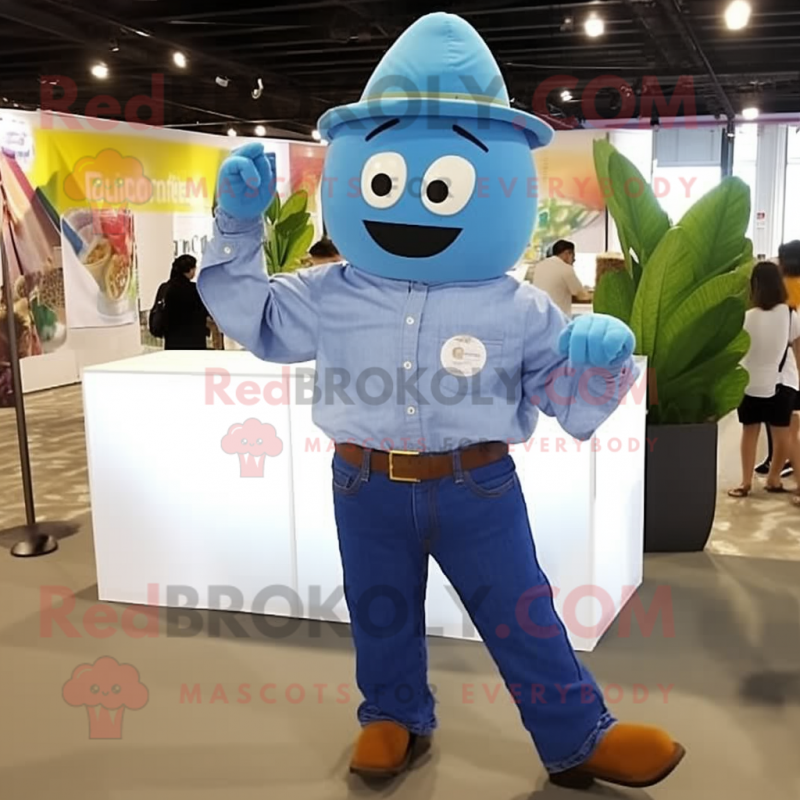 Blue Mango mascot costume character dressed with a Button-Up Shirt and Belts