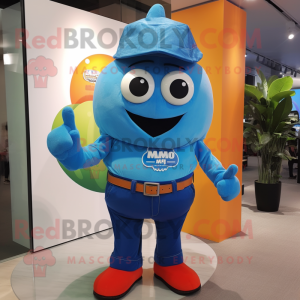 Blue Mango mascot costume character dressed with a Button-Up Shirt and Belts