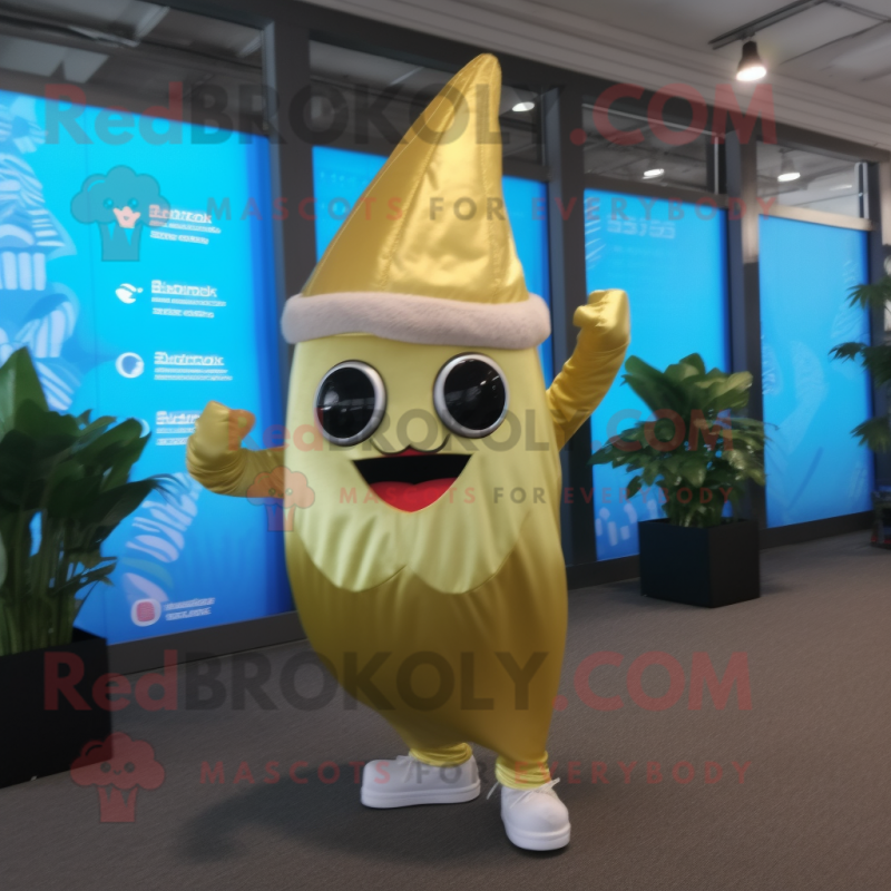 Gold Radish mascot costume character dressed with a Jumpsuit and Bracelets