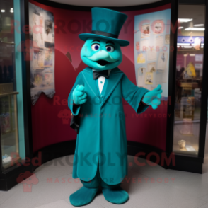 Teal Magician mascot costume character dressed with a Sheath Dress and Pocket squares