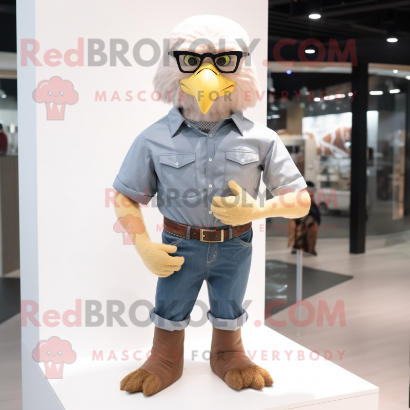 Beige Bald Eagle mascot costume character dressed with a Denim Shirt and  Eyeglasses