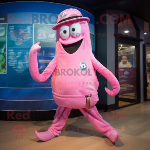 Pink Squid mascot costume character dressed with a Bermuda Shorts and Caps