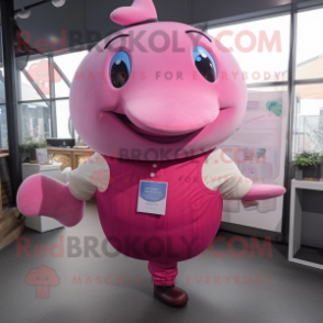 Pink Whale mascot costume character dressed with a Dungarees and Cufflinks