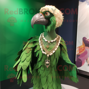 Green Vulture mascot costume character dressed with a Wrap Skirt and Necklaces