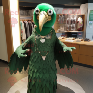 Green Vulture mascot costume character dressed with a Wrap Skirt and Necklaces