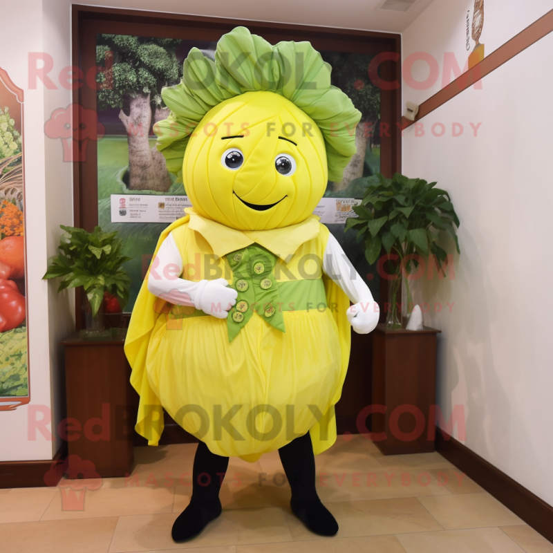 Lemon Yellow Cabbage mascot costume character dressed with a Waistcoat and Scarf clips