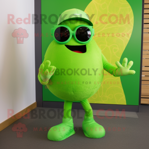 Lime Green Meatballs mascot costume character dressed with a Bodysuit and Sunglasses