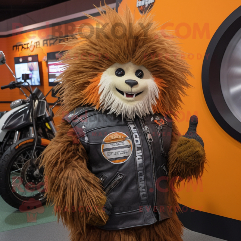 Rust Porcupine mascot costume character dressed with a Moto Jacket and Wraps