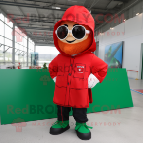 Red Leprechaun mascot costume character dressed with a Windbreaker and Sunglasses