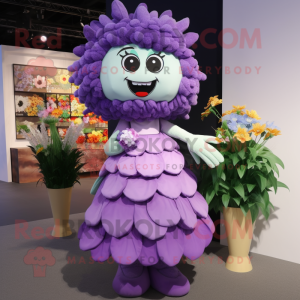 Purple Bouquet Of Flowers mascot costume character dressed with a Skirt and Coin purses