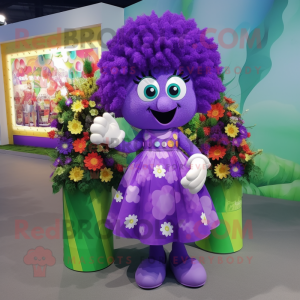 Purple Bouquet Of Flowers mascot costume character dressed with a Skirt and Coin purses