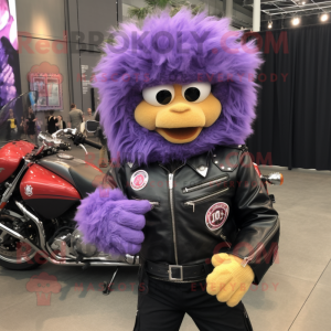 Lavender Jambalaya mascot costume character dressed with a Biker Jacket and Bracelet watches