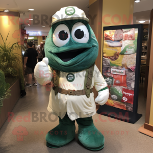 Forest Green Clam Chowder mascot costume character dressed with a Jumpsuit and Backpacks