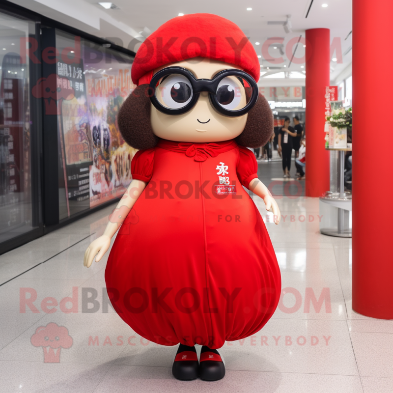 Red Dim Sum mascot costume character dressed with a Mini Skirt and Eyeglasses
