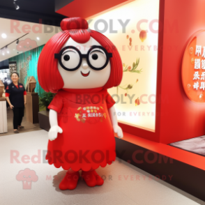 Red Dim Sum mascot costume character dressed with a Mini Skirt and Eyeglasses