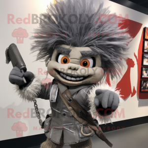 Gray Knife Thrower mascot costume character dressed with a Moto Jacket and Hair clips