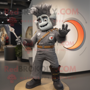 Gray Knife Thrower mascot costume character dressed with a Moto Jacket and Hair clips