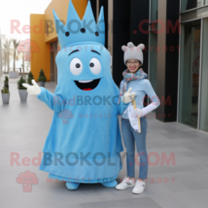 Sky Blue Queen mascot costume character dressed with a Boyfriend Jeans and Scarves