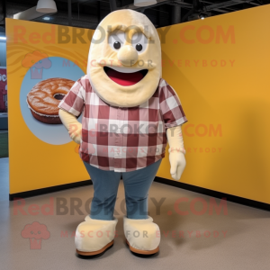 Cream Donut mascot costume character dressed with a Flannel Shirt and Shoe laces