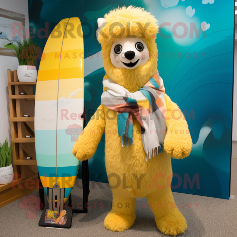 Yellow Alpaca mascot costume character dressed with a Board Shorts and Scarves