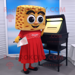 Red Grilled Cheese Sandwich mascot costume character dressed with a Pencil Skirt and Reading glasses