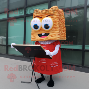 Red Grilled Cheese Sandwich mascot costume character dressed with a Pencil Skirt and Reading glasses