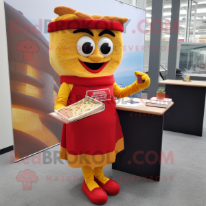 Red Grilled Cheese Sandwich mascot costume character dressed with a Pencil Skirt and Reading glasses