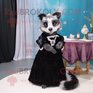 Black Civet mascot costume character dressed with a Dress and Brooches