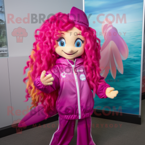 Magenta Mermaid mascot costume character dressed with a Windbreaker and Keychains