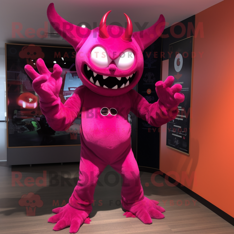 Magenta Devil mascot costume character dressed with a Romper and Cummerbunds