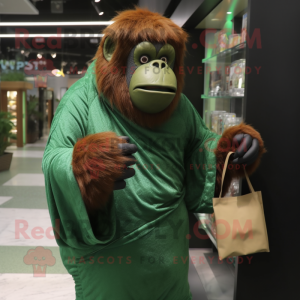 Forest Green Orangutan mascot costume character dressed with a Long Sleeve Tee and Clutch bags