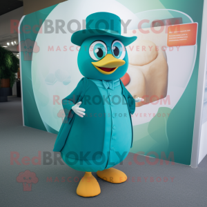 Teal Mango mascot costume character dressed with a Wrap Skirt and Cufflinks