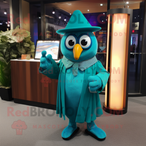 Teal Mango mascot costume character dressed with a Wrap Skirt and Cufflinks