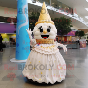 Cream Ice Cream Cone mascot costume character dressed with a Ball Gown and Rings