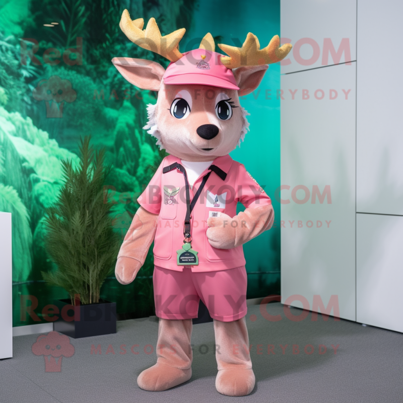 Pink Deer mascot costume character dressed with a Bermuda Shorts and Berets